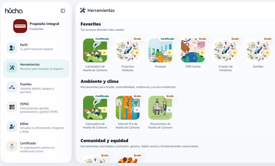 Vista de las herramientas disponibles en la plataforma HUCHA
